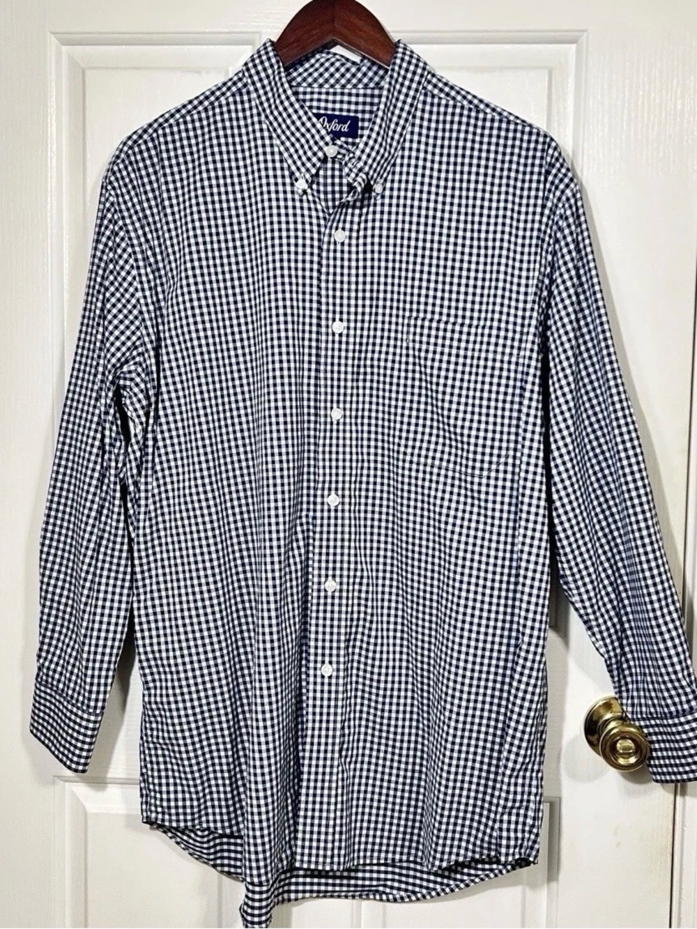 Oxford Mens XL Blue Gingham Plaid Button Down Stretch Performance LS Dress Shirt